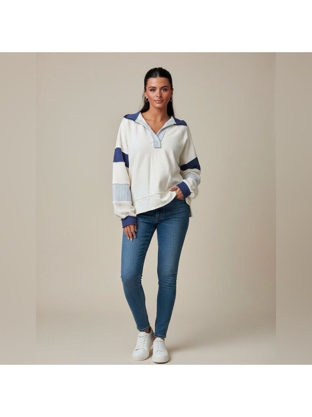 BUCKETLIST Brand French Terry Colorblock Collared Pullover Nautical
